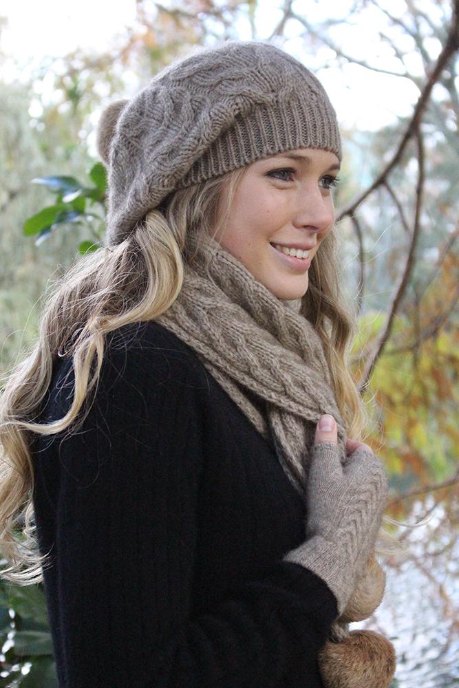 Relaxed Cable Scarf With Rabbit Fur Pompom Accessories